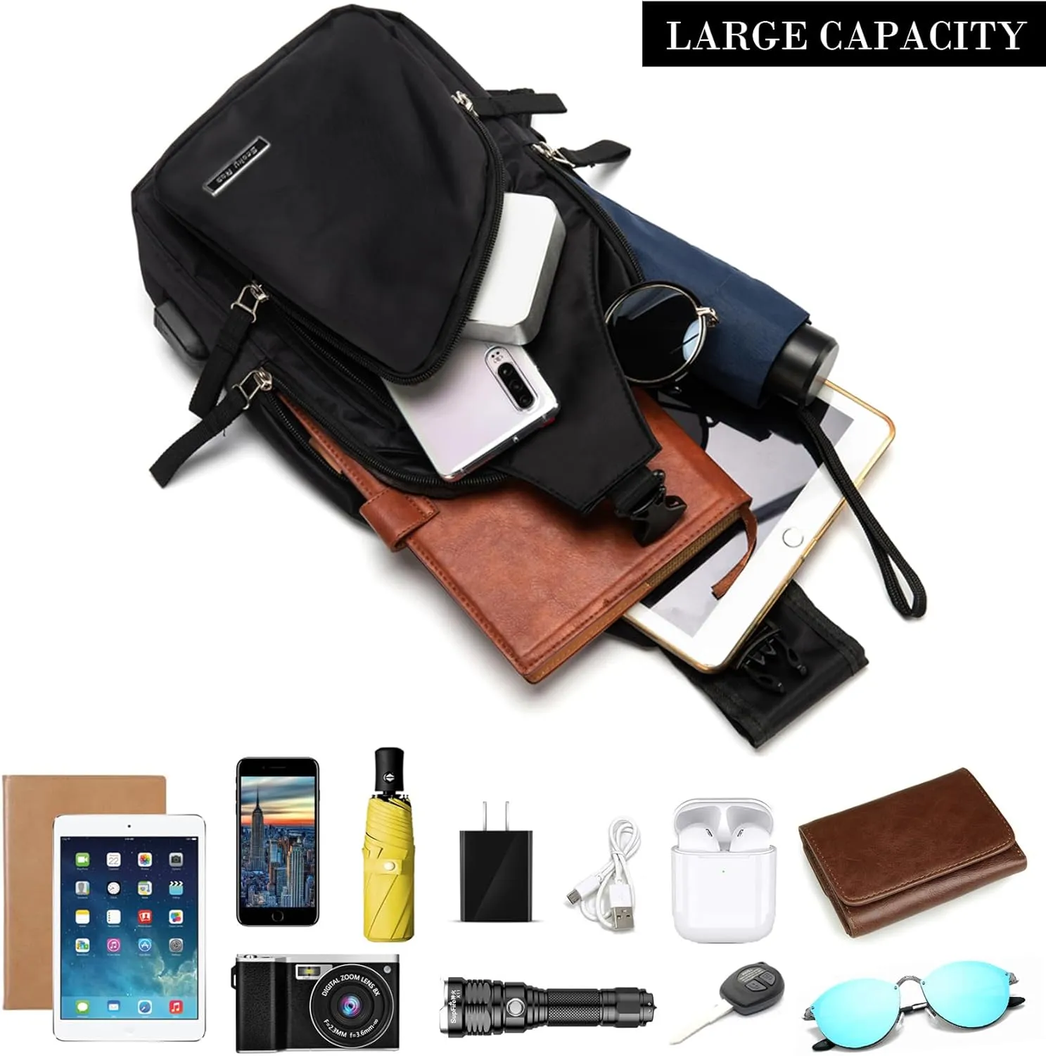 Seoky Rop Men Women Sling Backpack Nylon Water Resistant Shoulder Chest Crossbody Sling Bag with USB Charging Port