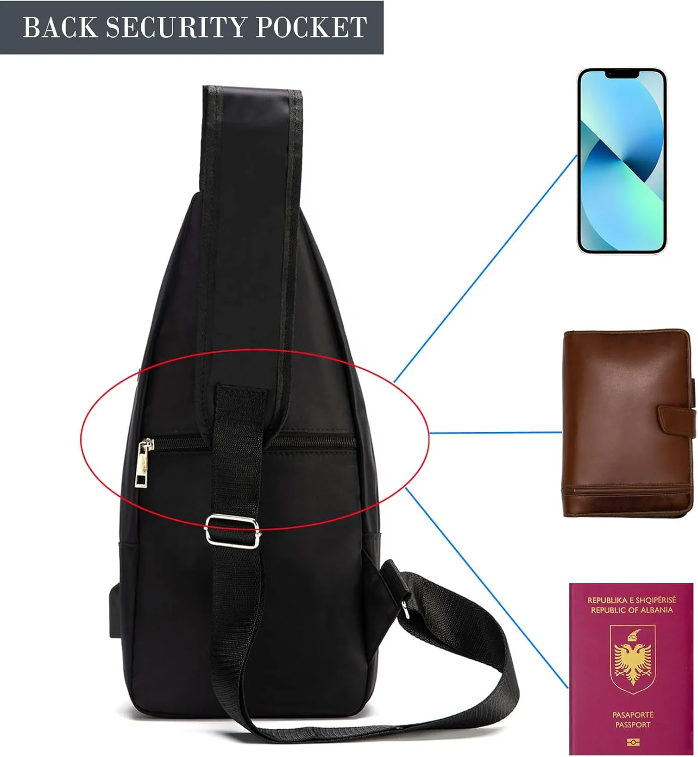 Seoky Rop Men Women Sling Backpack Nylon Water Resistant Shoulder Chest Crossbody Sling Bag with USB Charging Port