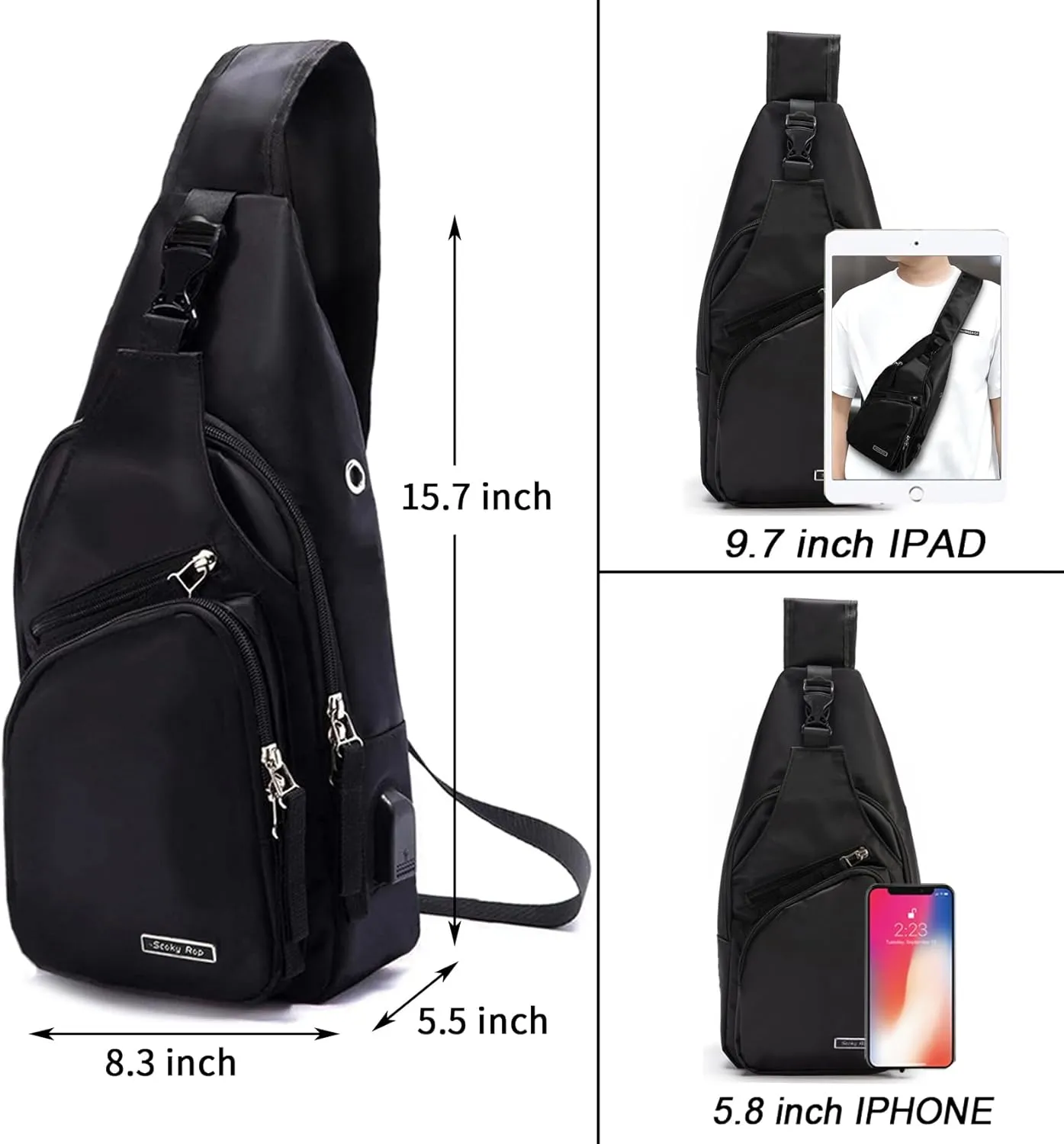 Seoky Rop Men Women Sling Backpack Nylon Water Resistant Shoulder Chest Crossbody Sling Bag with USB Charging Port