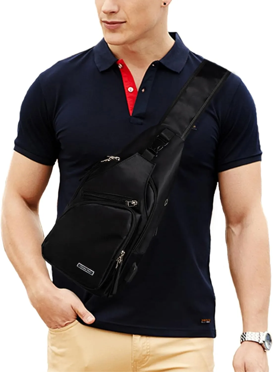 Seoky Rop Men Women Sling Backpack Nylon Water Resistant Shoulder Chest Crossbody Sling Bag with USB Charging Port