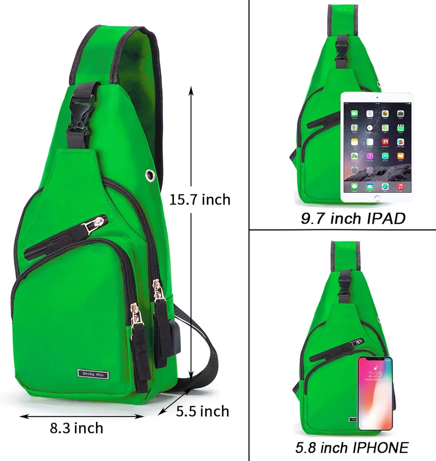 Seoky Rop Men Women Sling Backpack Nylon Water Resistant Shoulder Chest Crossbody Sling Bag with USB Charging Port