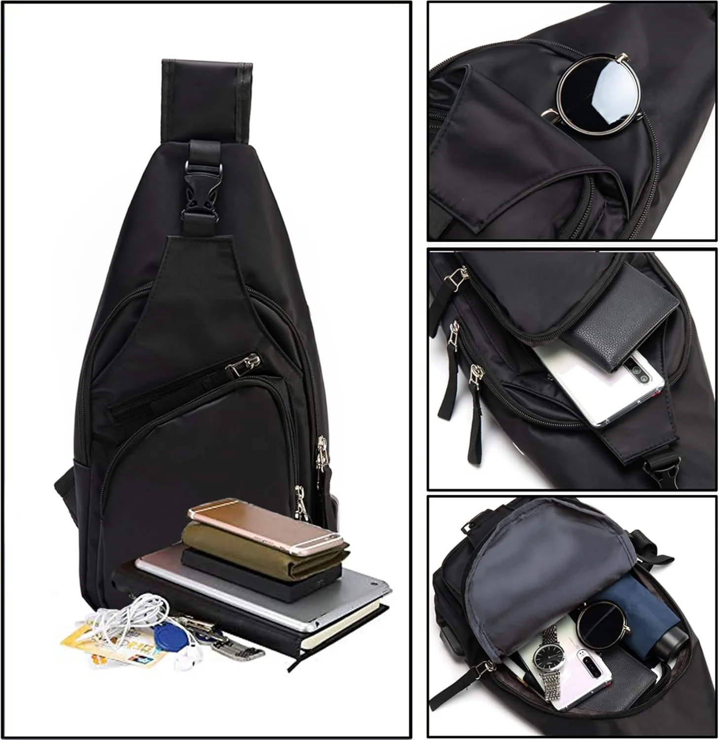 Seoky Rop Men Women Sling Backpack Nylon Water Resistant Shoulder Chest Crossbody Sling Bag with USB Charging Port