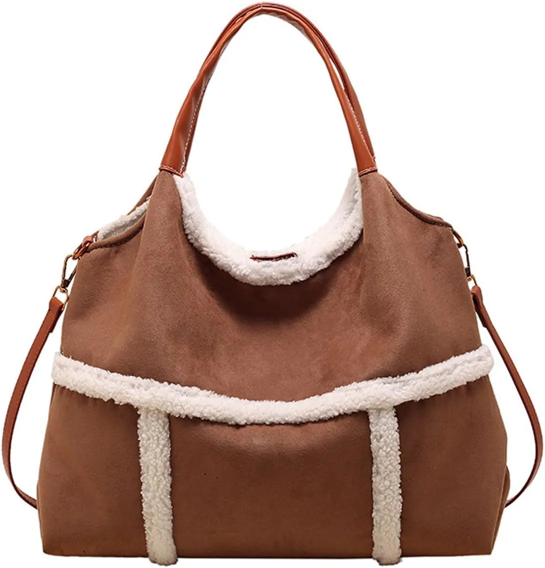 Sherpa Suede Tote Bag for Women Fall Winter Vintage Top Handle Large Handbag Crossbody Hobo Bags