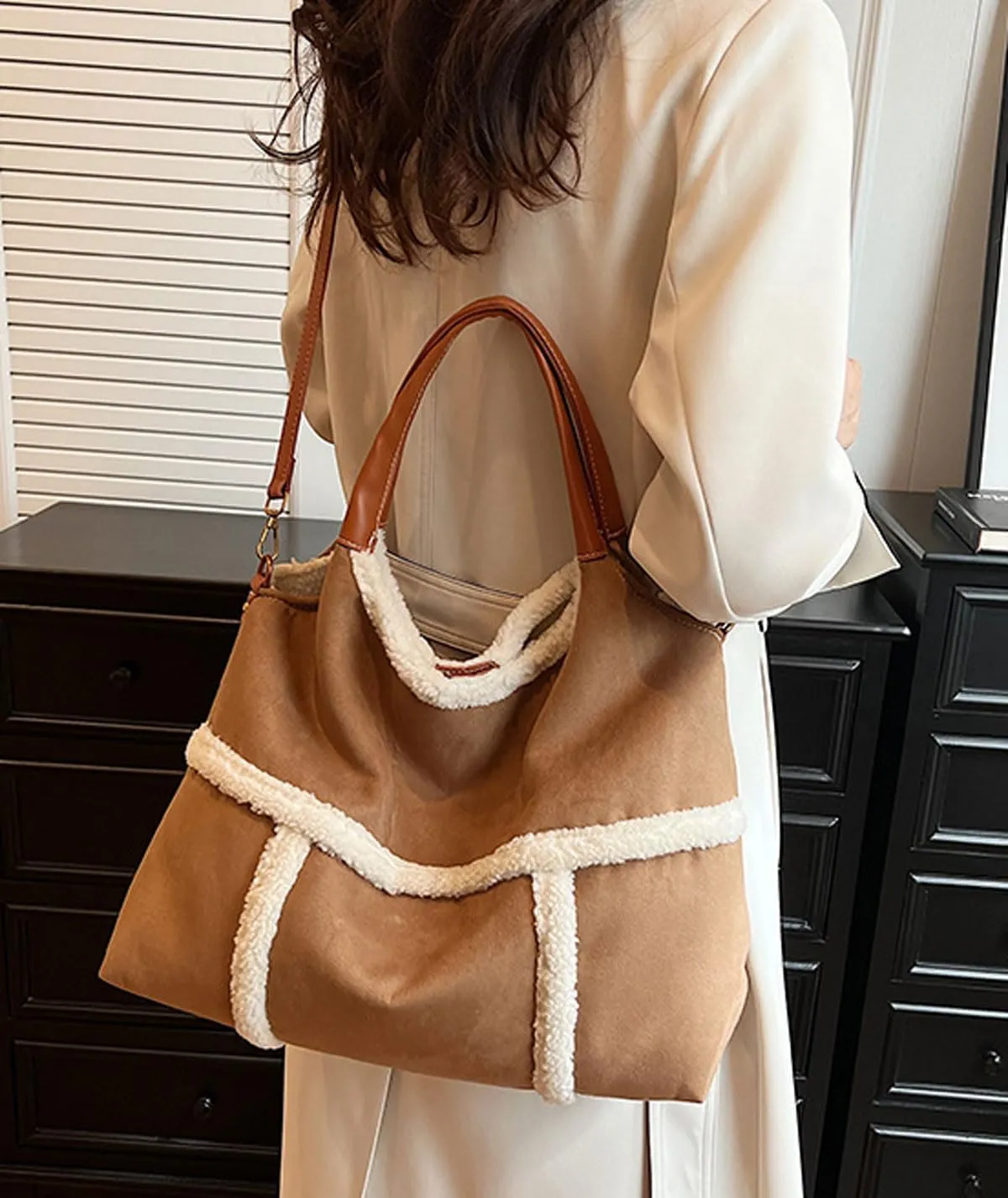 Sherpa Suede Tote Bag for Women Fall Winter Vintage Top Handle Large Handbag Crossbody Hobo Bags