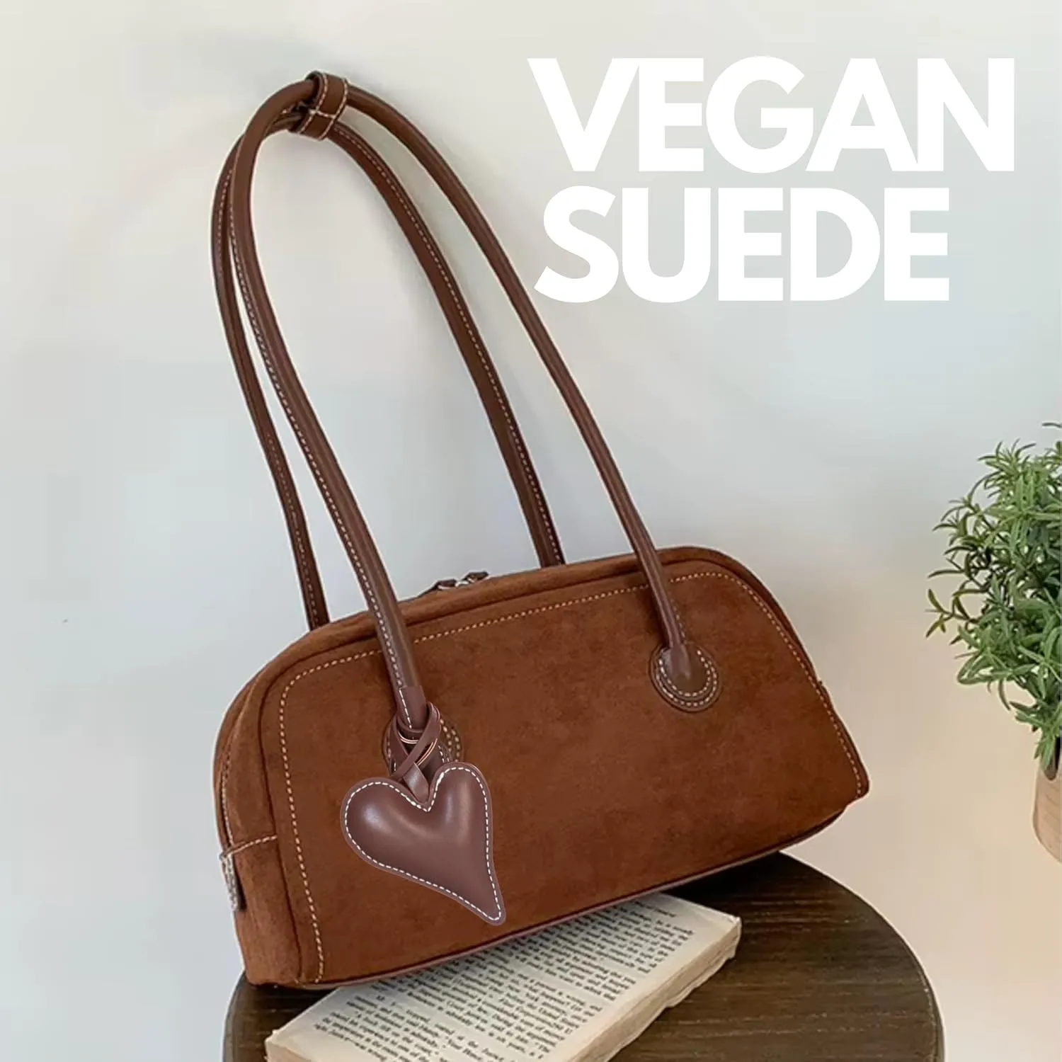 Shoulder Bag for Women Vegan leather Vegan Suede Vintage Handbag Retro Classic Small Hobo Purse with Heart Charm