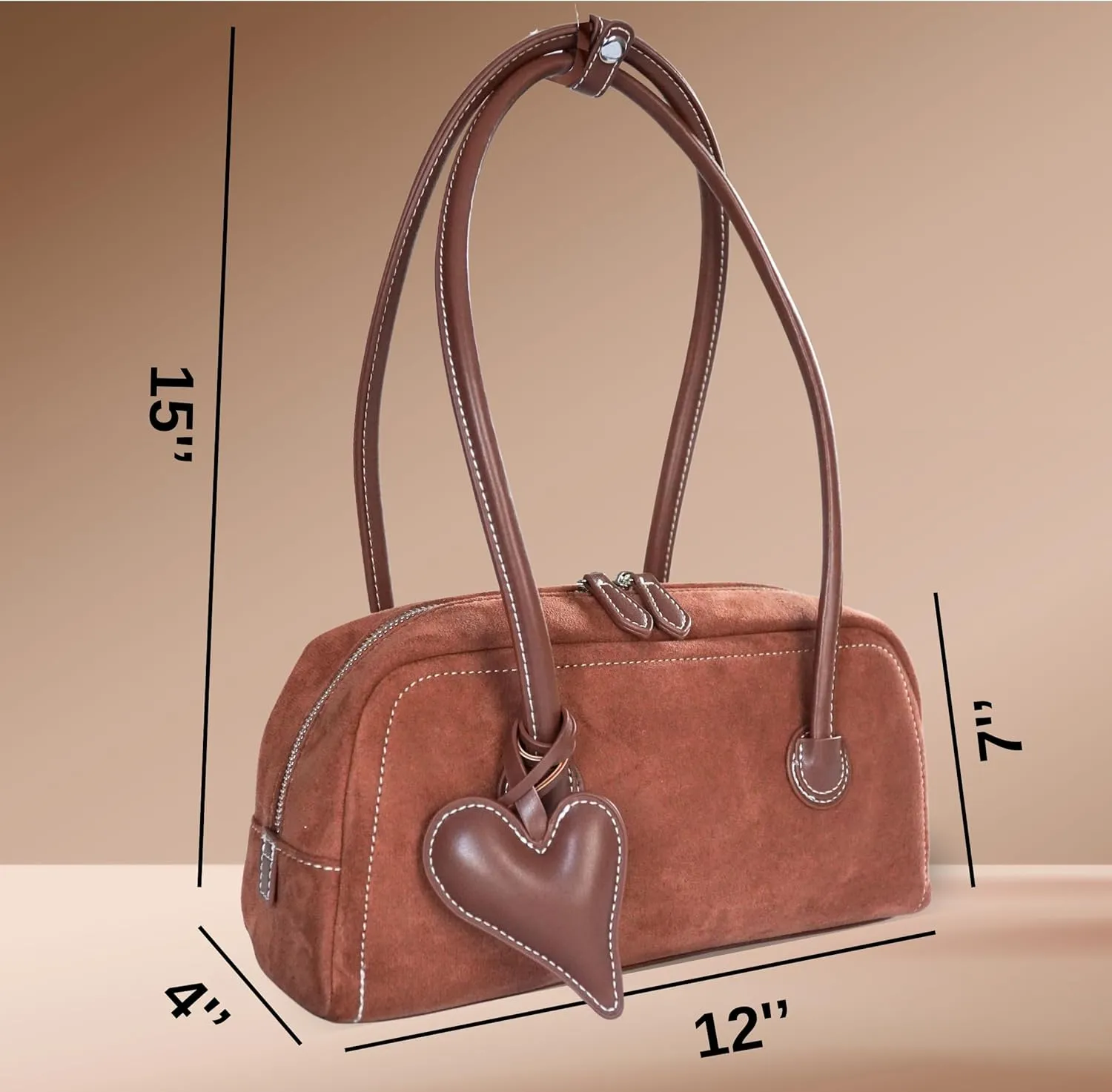 Shoulder Bag for Women Vegan leather Vegan Suede Vintage Handbag Retro Classic Small Hobo Purse with Heart Charm