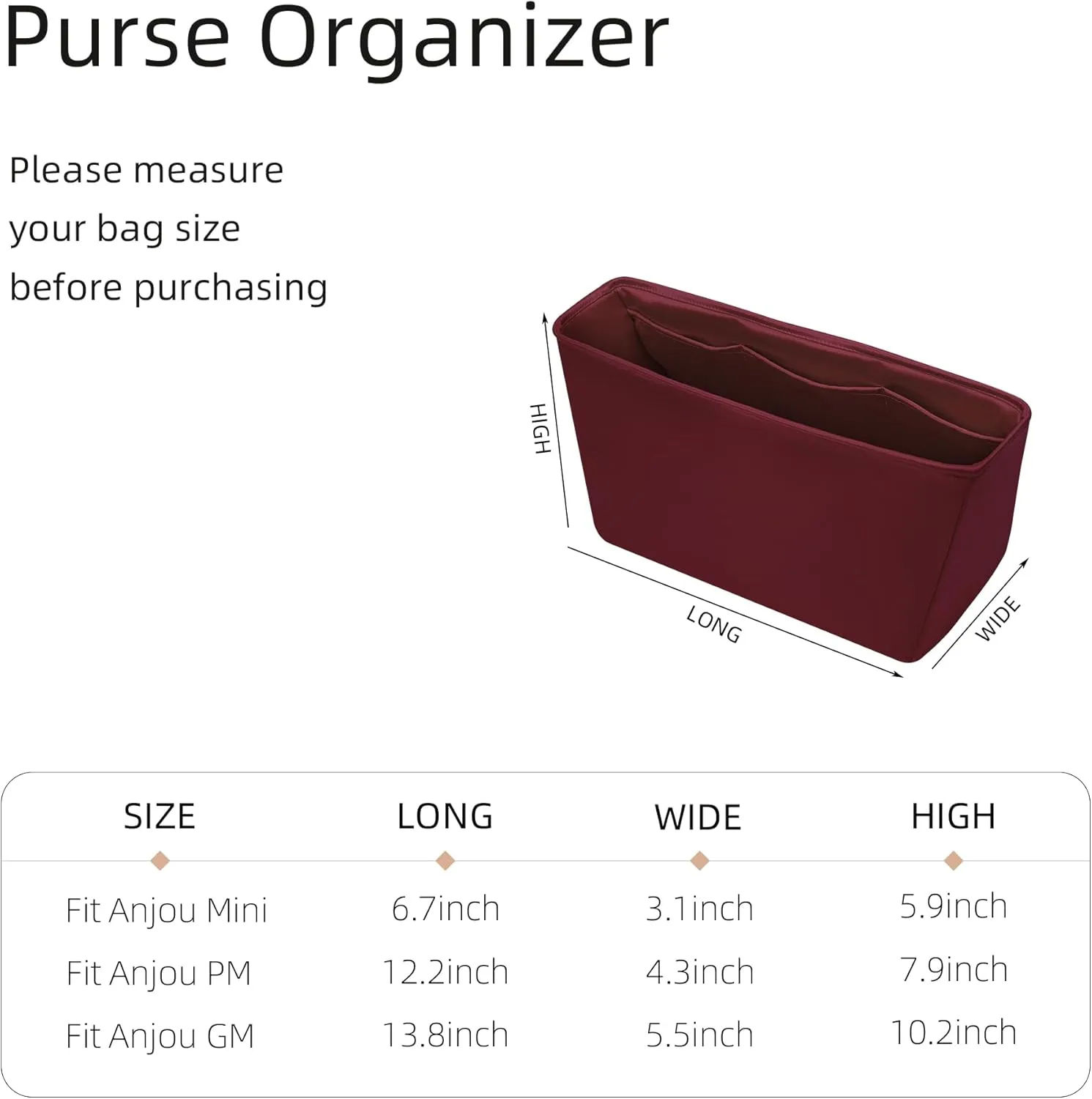 Silk Purse Organizer for Anjou Mini/PM/GM,Insert Bag in Bag,Luxury Handbag Tote Lining Bag Shapers(PM,Burgundy)