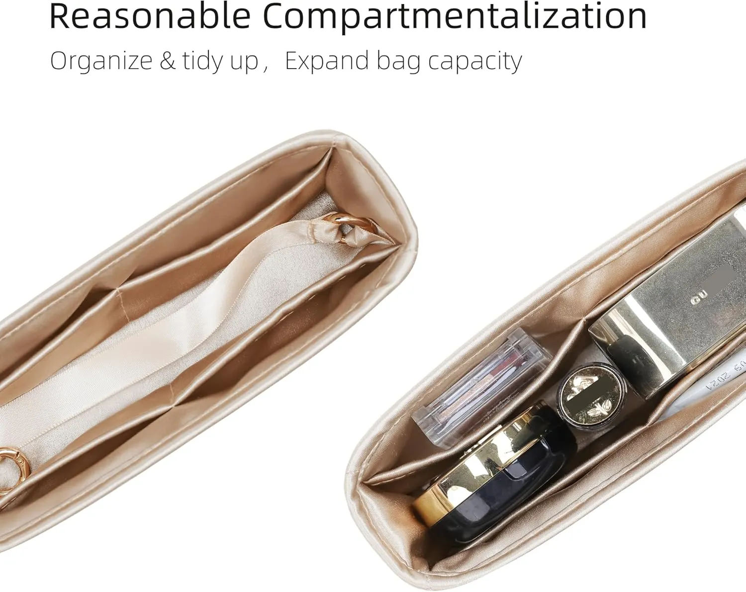 Silk Purse Organizer for Extra Pocket L19/L27,Insert in Bag,Luxury Handbag Tote Lining Bag Shapers(L19,Champagne)