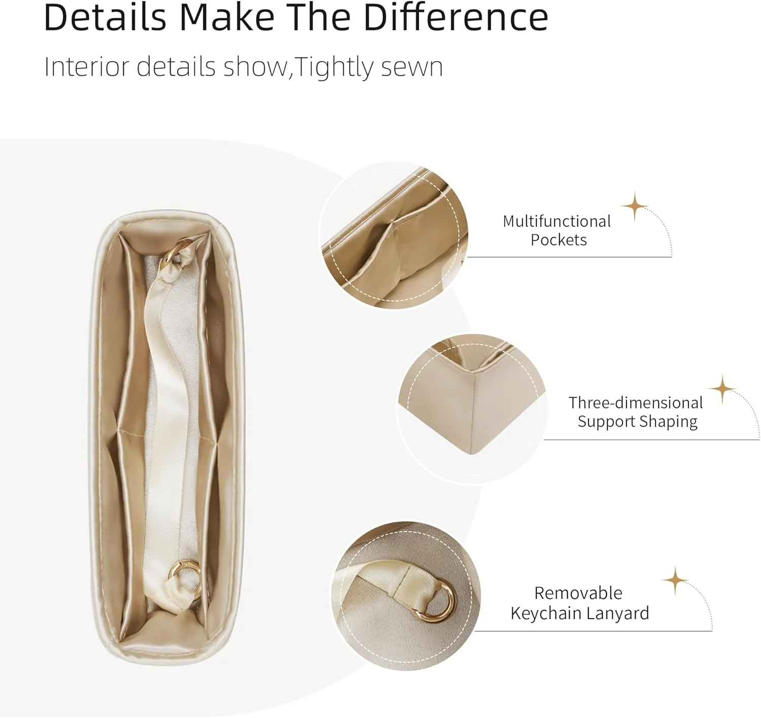 Silk Purse Organizer for Extra Pocket L19/L27,Insert in Bag,Luxury Handbag Tote Lining Bag Shapers(L19,Champagne)