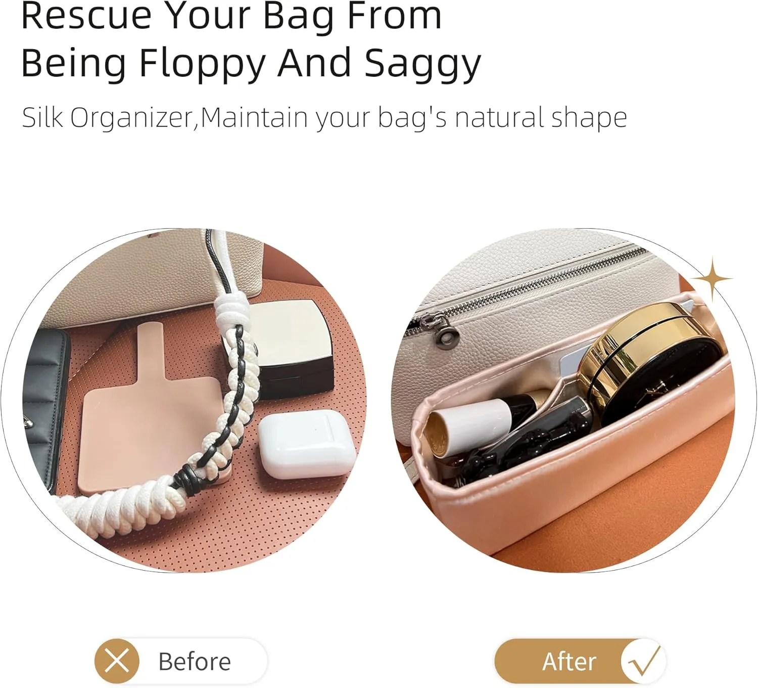 Silk Purse Organizer for Extra Pocket L19/L27,Insert in Bag,Luxury Handbag Tote Lining Bag Shapers(L19,Champagne)