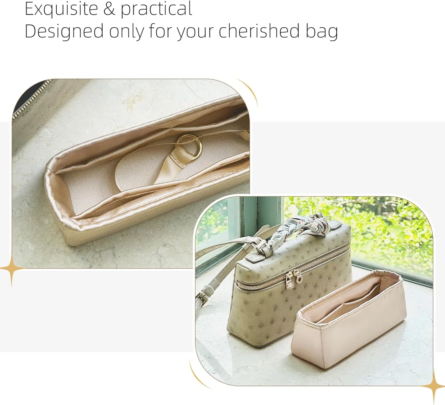 Silk Purse Organizer for Extra Pocket L19/L27,Insert in Bag,Luxury Handbag Tote Lining Bag Shapers(L19,Champagne)