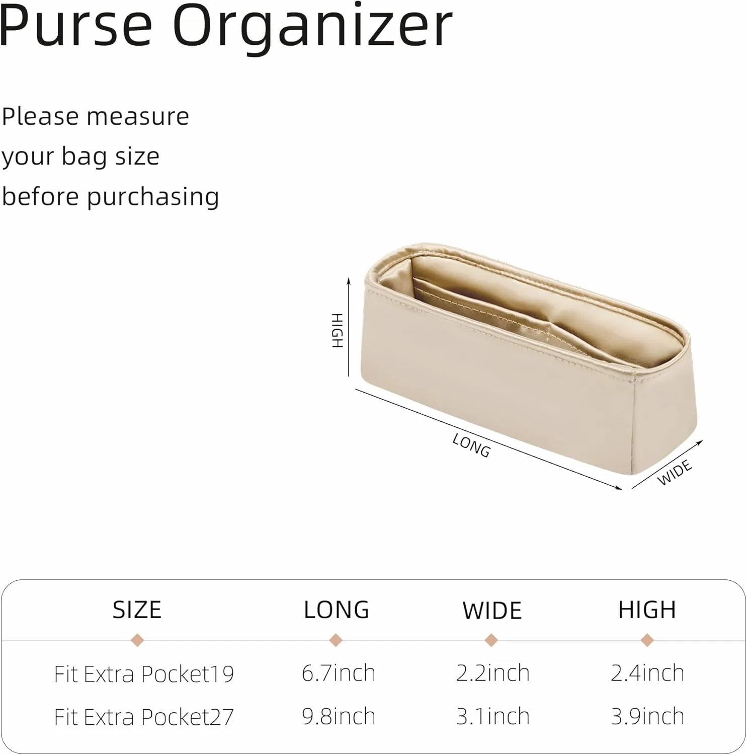 Silk Purse Organizer for Extra Pocket L19/L27,Insert in Bag,Luxury Handbag Tote Lining Bag Shapers(L19,Champagne)