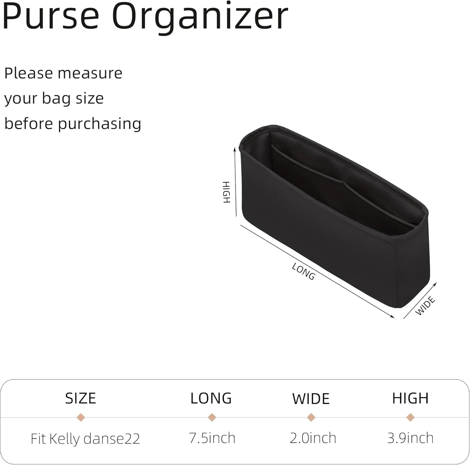 Silk Purse Organizer for Kelly Danse,Insert Bag in Bag,Luxury Handbag Tote Lining Bag Shapers(Danse22,Black)