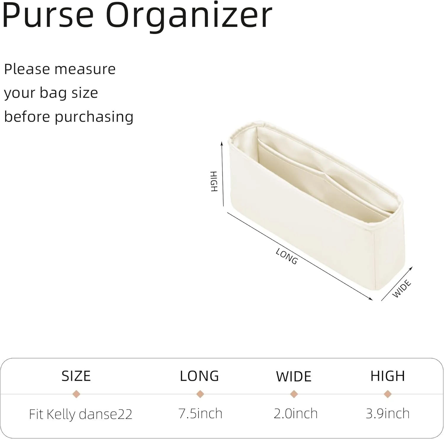Silk Purse Organizer for Kelly Danse,Insert Bag in Bag,Luxury Handbag Tote Lining Bag Shapers(Danse22,Craie)