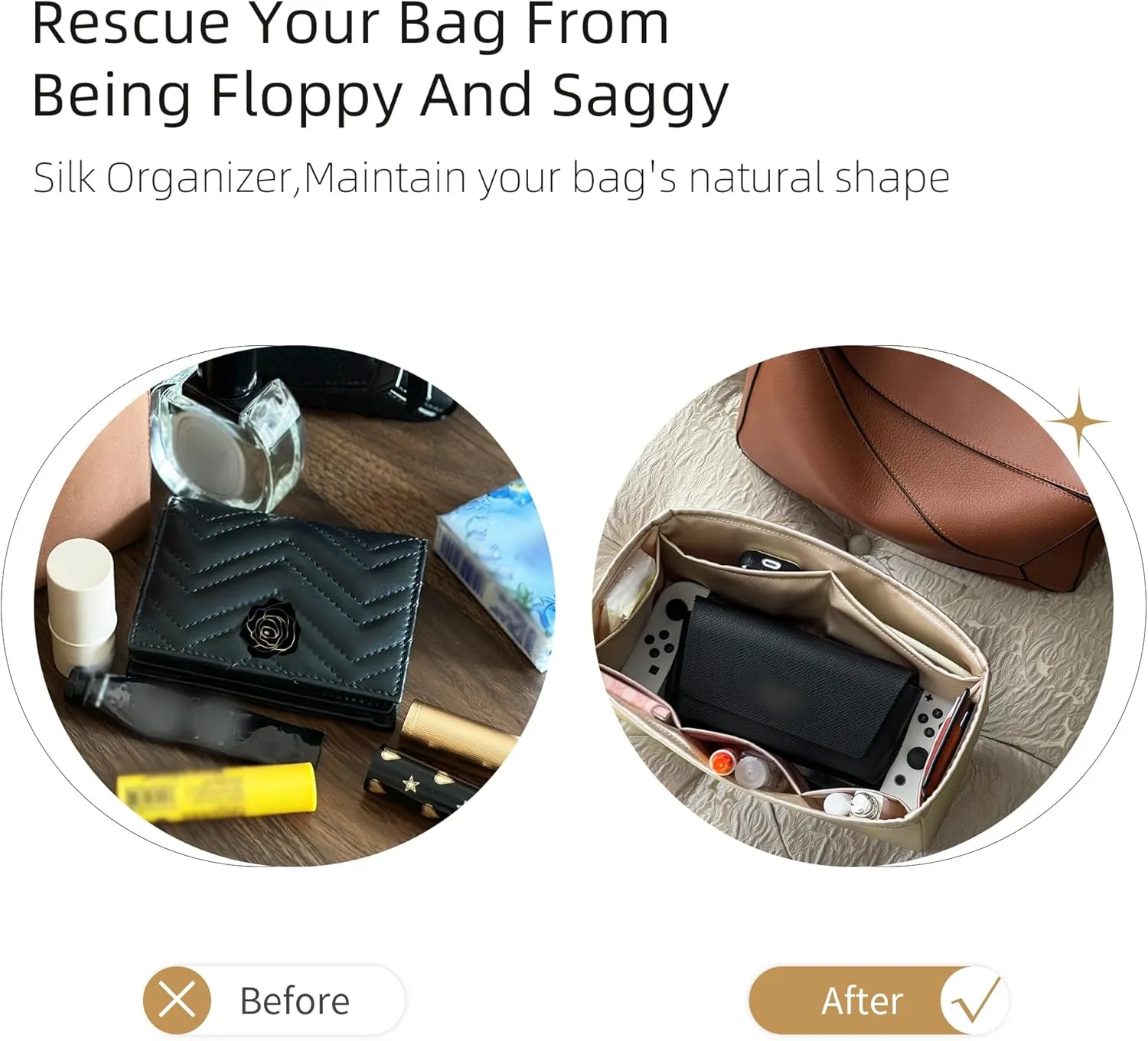 Silk Purse Organizer for Puzzle Mini/Small/Medium/Large,Insert Bag in Bag,Luxury Handbag Tote Lining Bag Shapers(Gold,Medium)