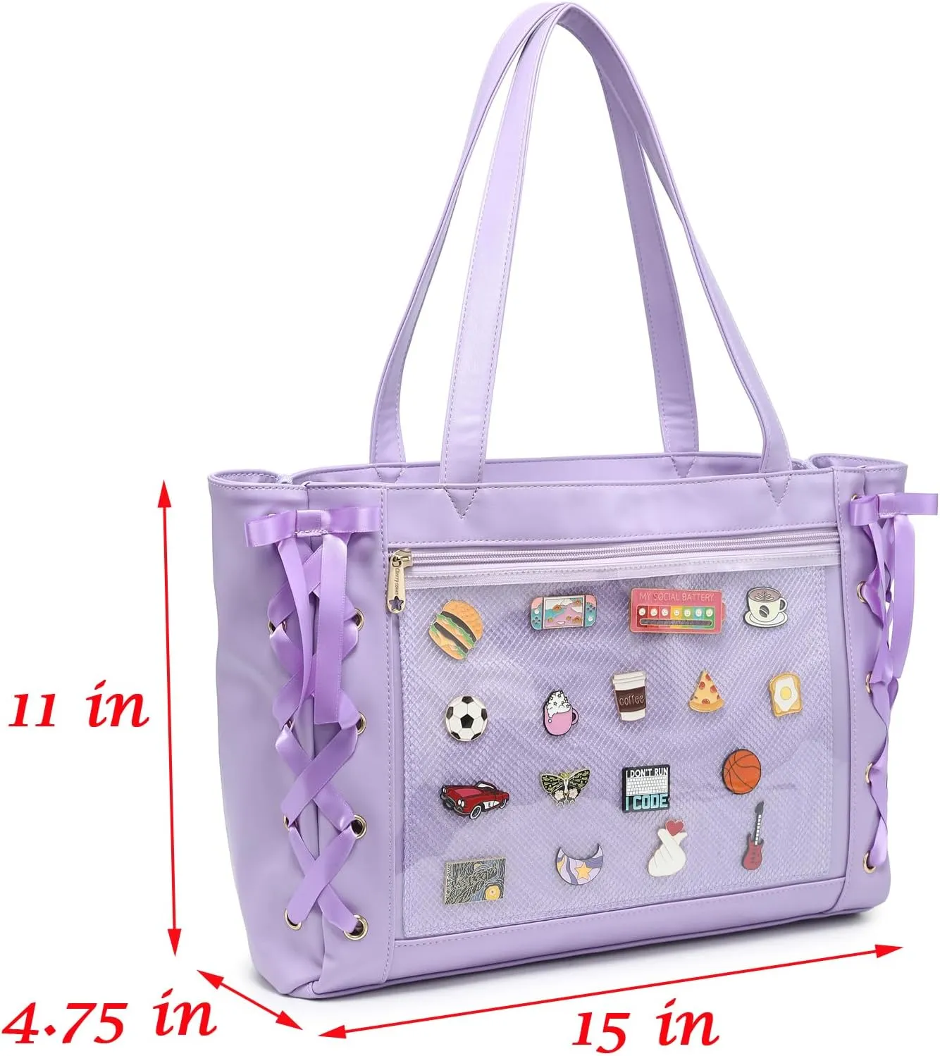 Silk Ribbon Tote Bag Ita Bag Shoulder Bag Faux Leather Kawaii Purses and Handbags with Pin Display