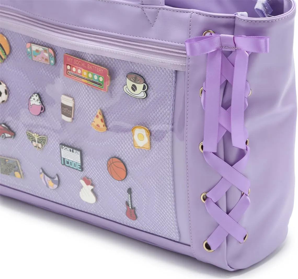 Silk Ribbon Tote Bag Ita Bag Shoulder Bag Faux Leather Kawaii Purses and Handbags with Pin Display
