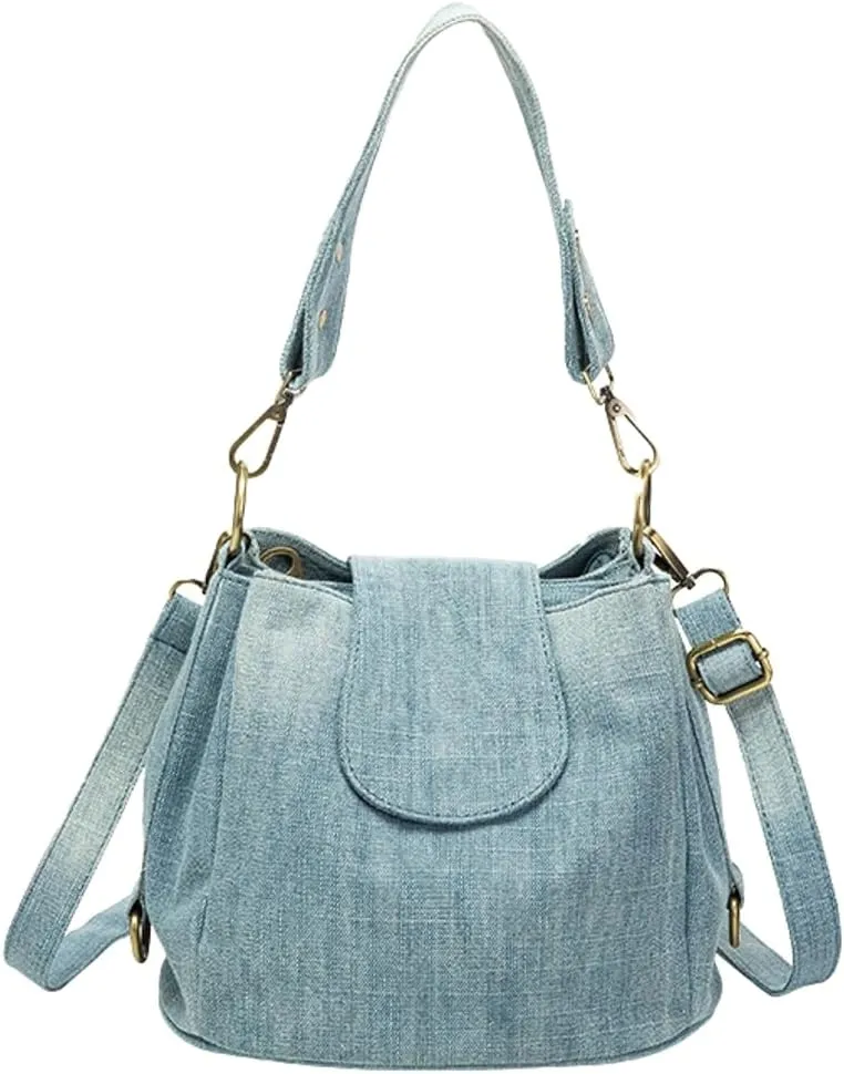 Simple Denim Bucket Shoulder Handbag Casual Retro Top-Handle Bags with Large Capacity Jean Satchel Shoulder