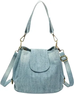 Simple Denim Bucket Shoulder Handbag Casual Retro Top-Handle Bags with Large Capacity Jean Satchel Shoulder