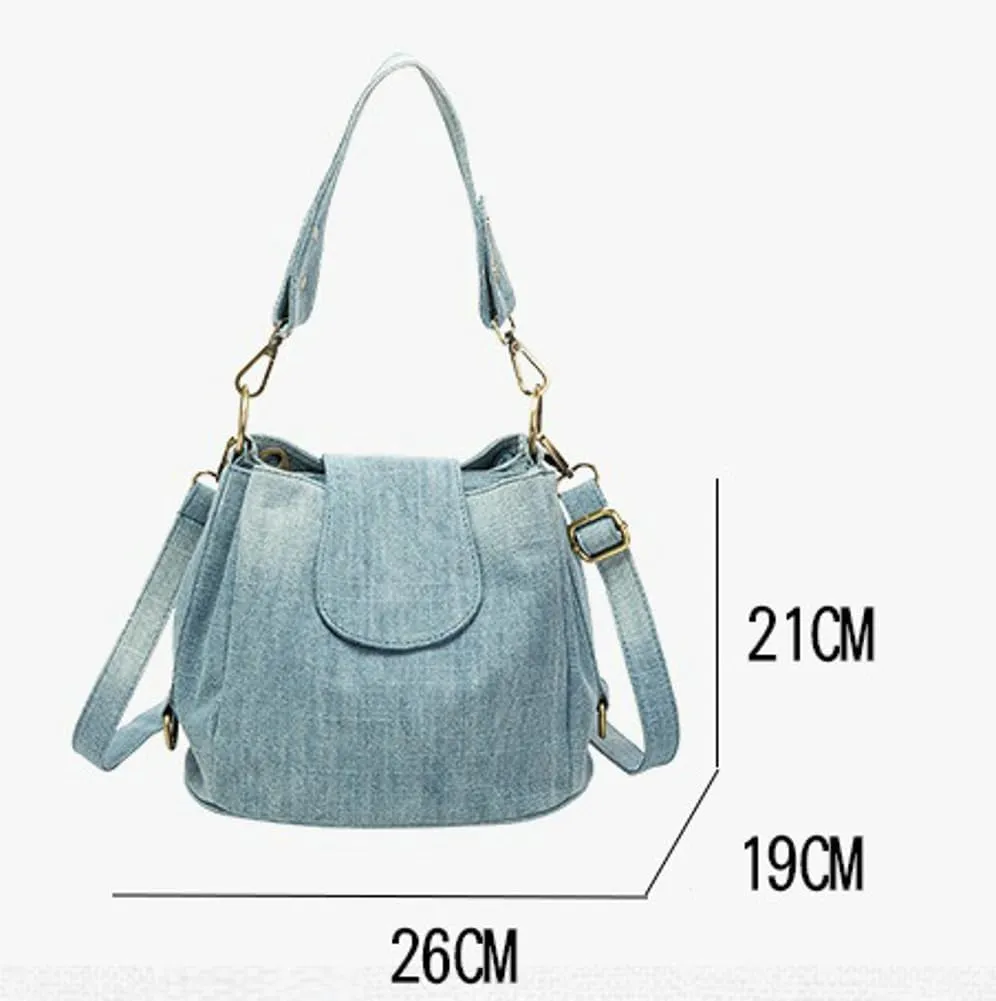 Simple Denim Bucket Shoulder Handbag Casual Retro Top-Handle Bags with Large Capacity Jean Satchel Shoulder