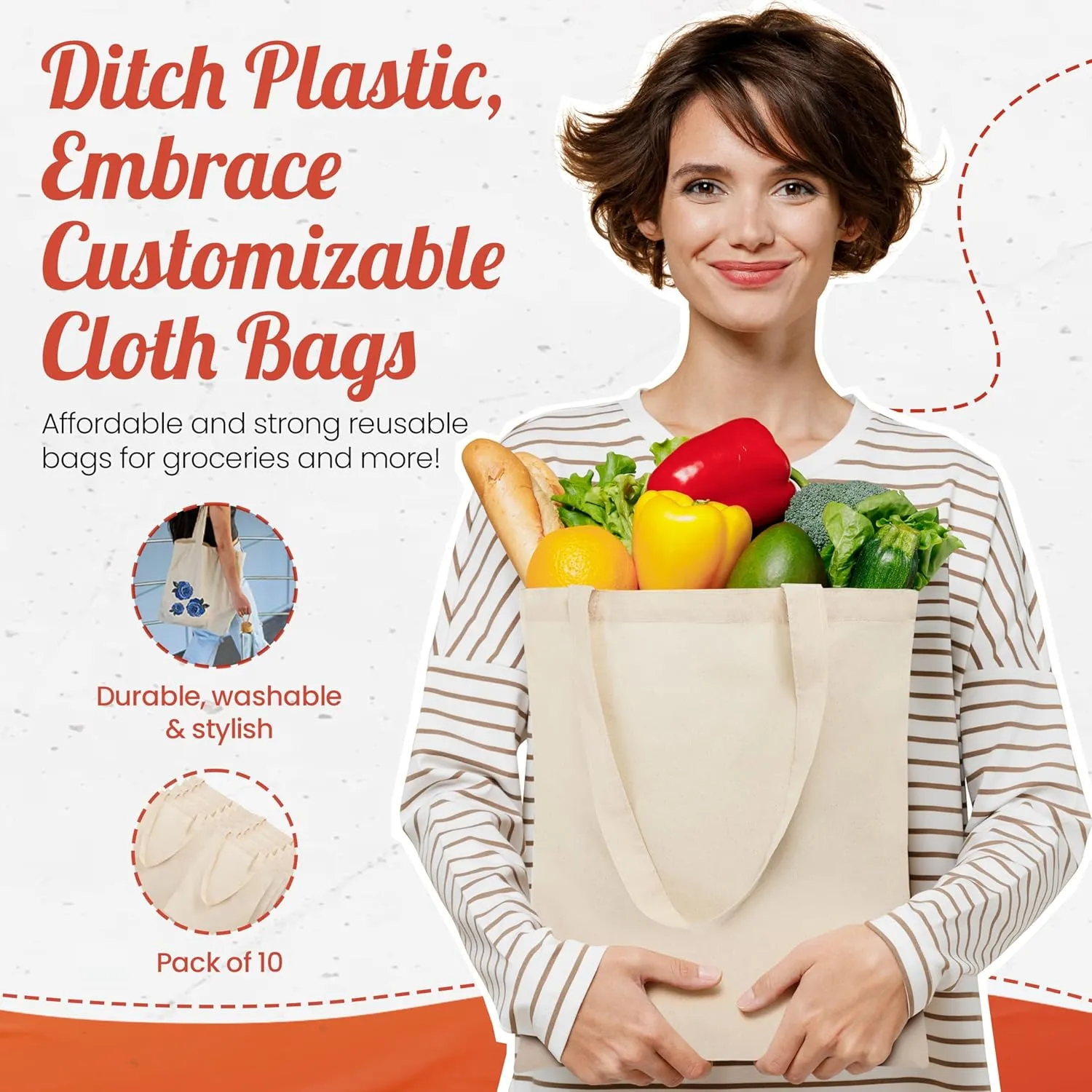 Simply Cool 10-Pack Canvas Tote Bags Bulk, Reusable Grocery Lightweight Cloth Bags for Promotion, Advertising, DIY Projects, Crafts, Painting, Embroidery