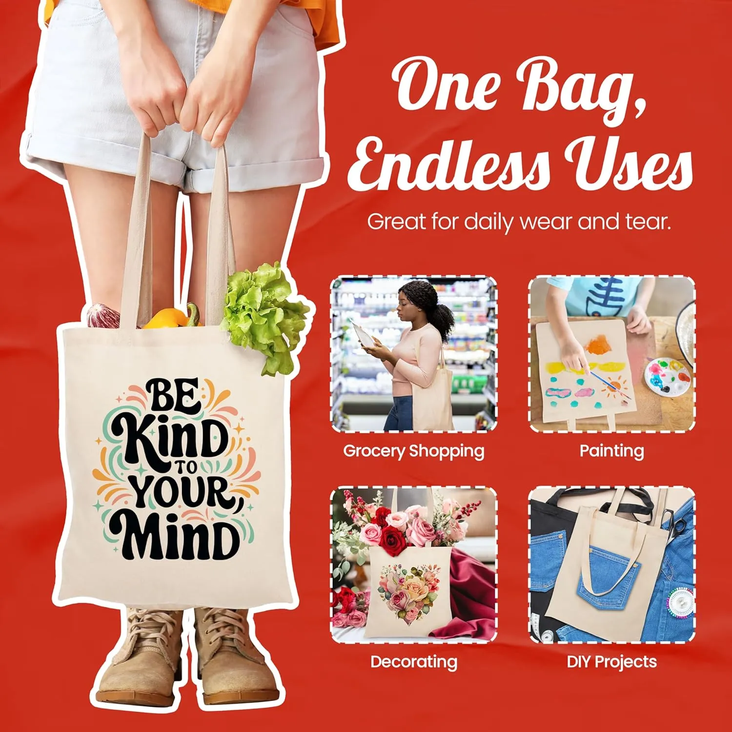 Simply Cool 10-Pack Canvas Tote Bags Bulk, Reusable Grocery Lightweight Cloth Bags for Promotion, Advertising, DIY Projects, Crafts, Painting, Embroidery