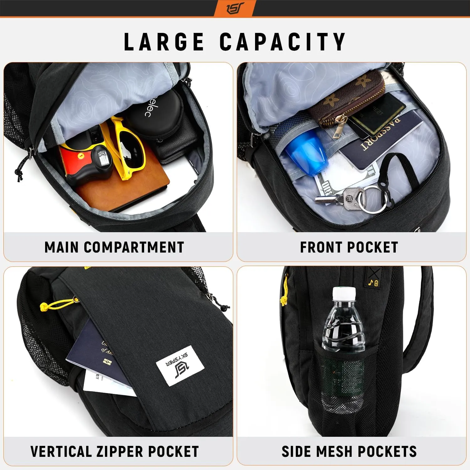 SKYSPER Sling Backpack with RFID Pocket Lightweight Crossbody Bag for Hiking Travel Shoulder Chest Bag for Men Women