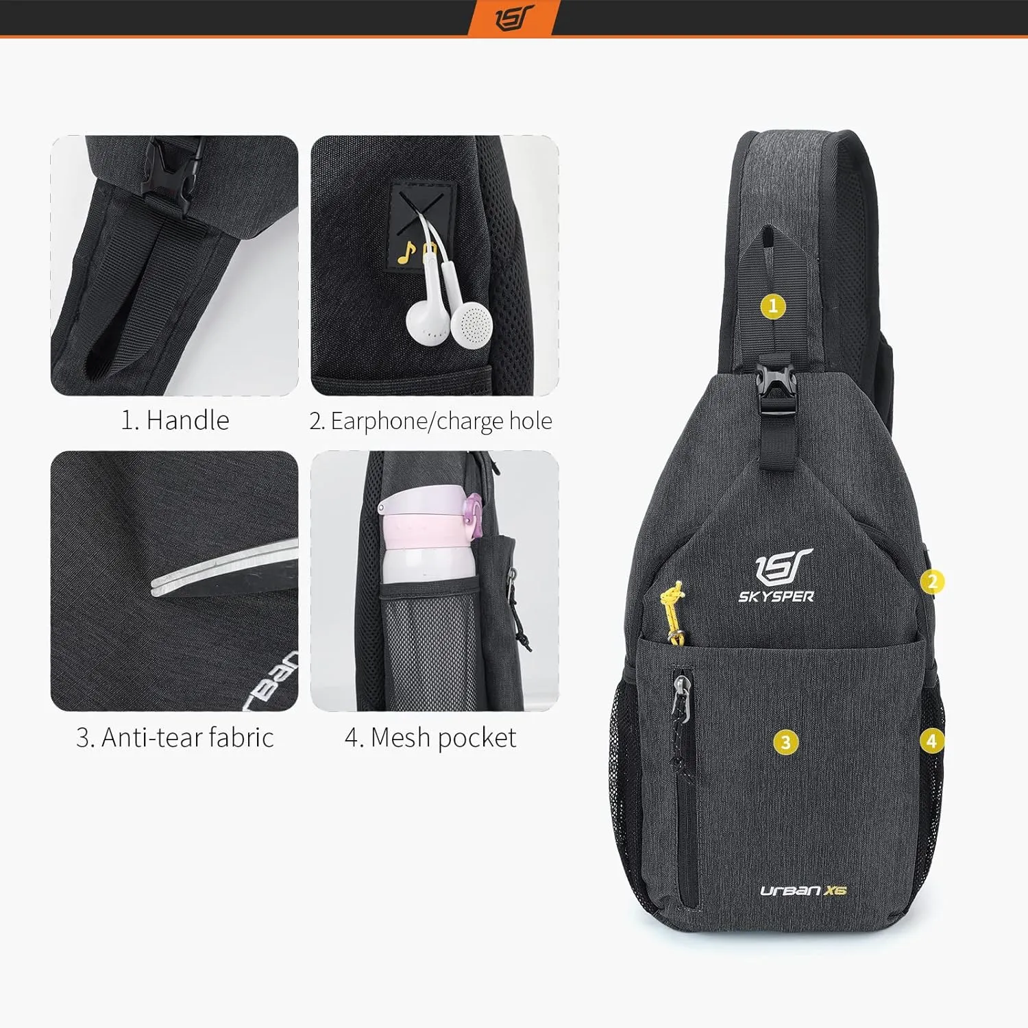 SKYSPER Sling Bag Crossbody Backpack - Chest Shoulder Cross Body Bag Travel Hiking Casual Daypack for Women Men(Black)