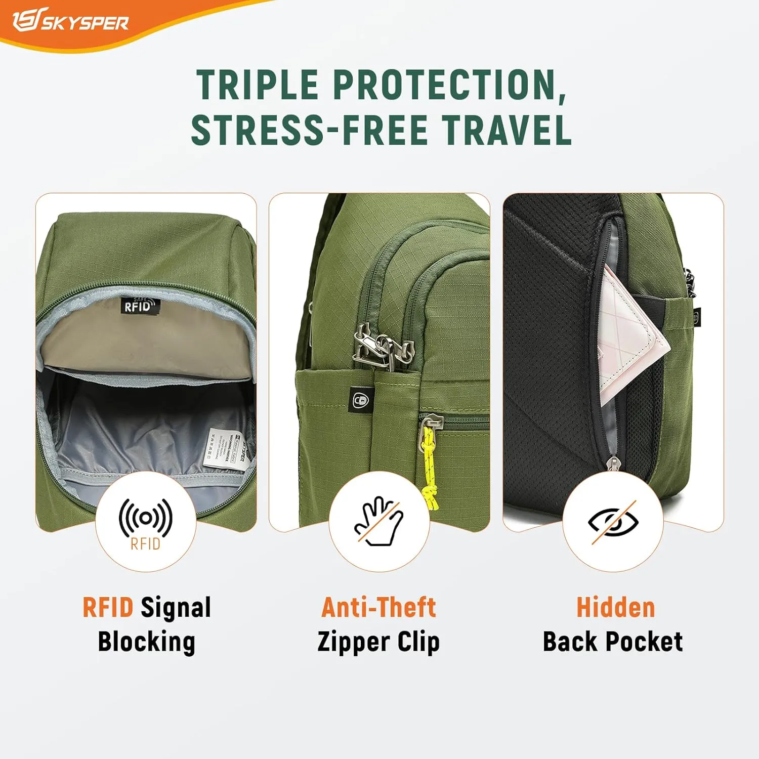 SKYSPER Sling Bag RFID Anti-Theft Crossbody Bag Recycled Travel Cross Body Bag Shoulder Sling Daypack