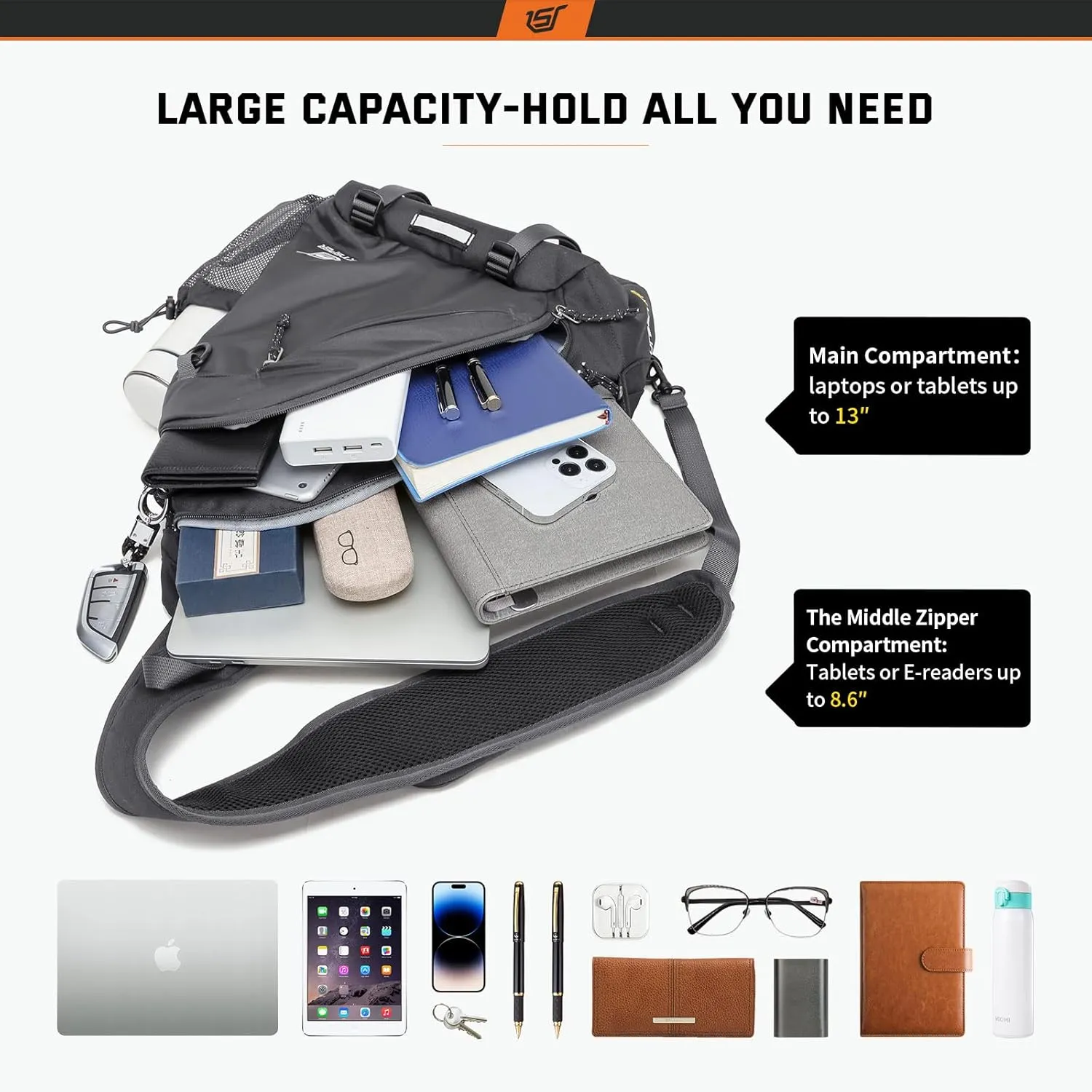 SKYSPER Sling Laptop Bag (Up to 13 Inch) - 18L Crossbody Sling Backpack Travel Shoulder Bag Hiking Daypack for Men Women(Darkgrey)