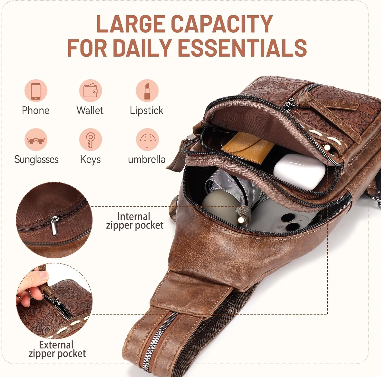 Sling Bag Crossbody Bags for Women Trendy Leather Fanny Packs Chest Bag Sling Crossbody Backpack for Travel (Coffee Color)