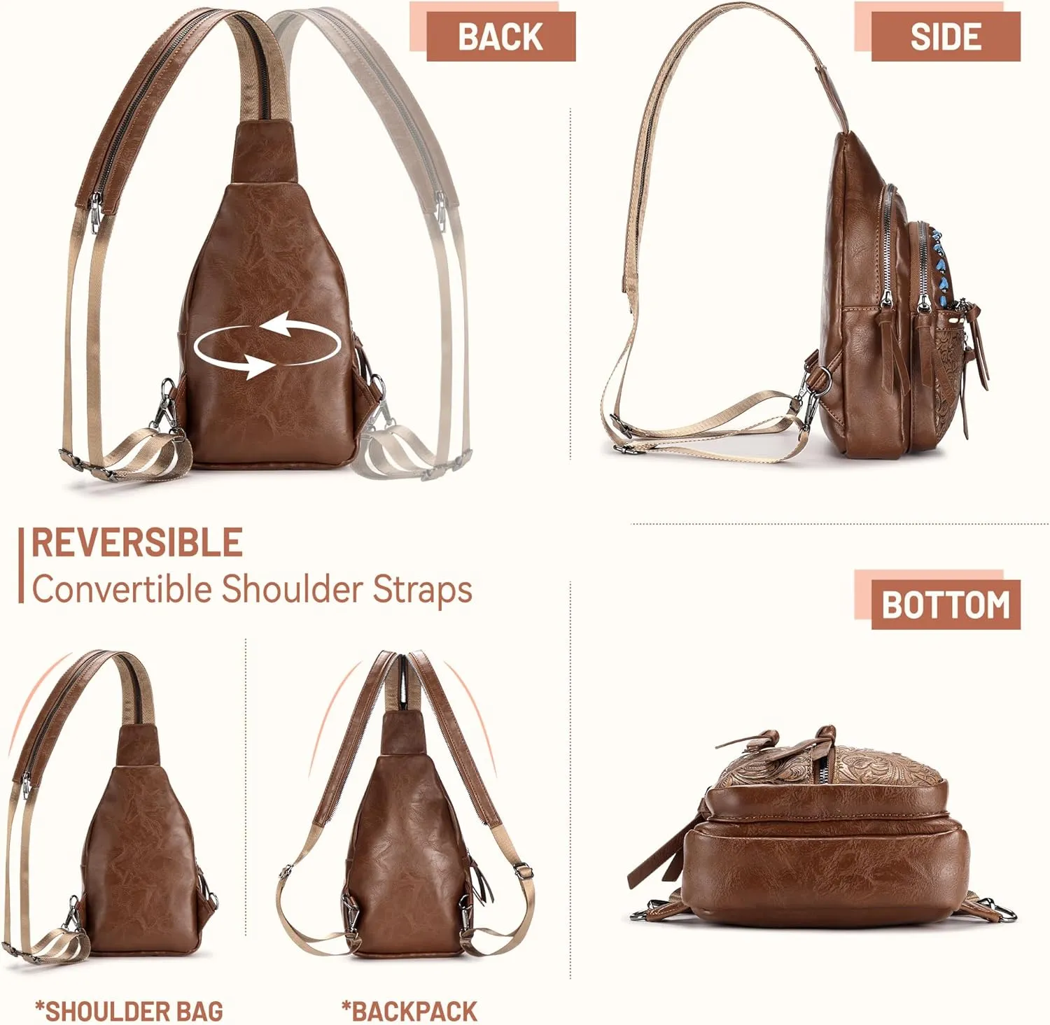 Sling Bag Crossbody Bags for Women Trendy Leather Fanny Packs Chest Bag Sling Crossbody Backpack for Travel (Coffee Color)