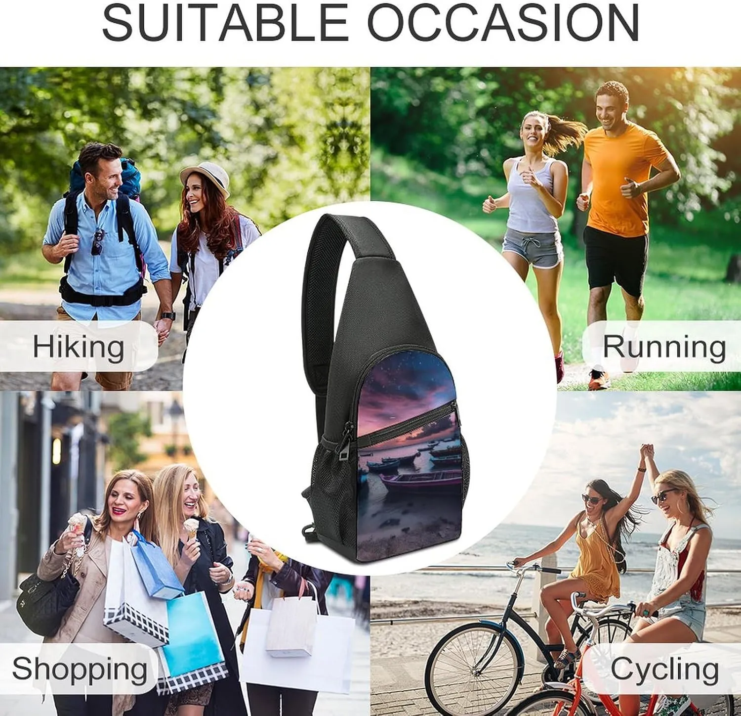 Sling Bag for Women Men Crossbody Bag Chest Bag Boats on Beach Sling Backpack Fanny Packs Travel Hiking Daypack
