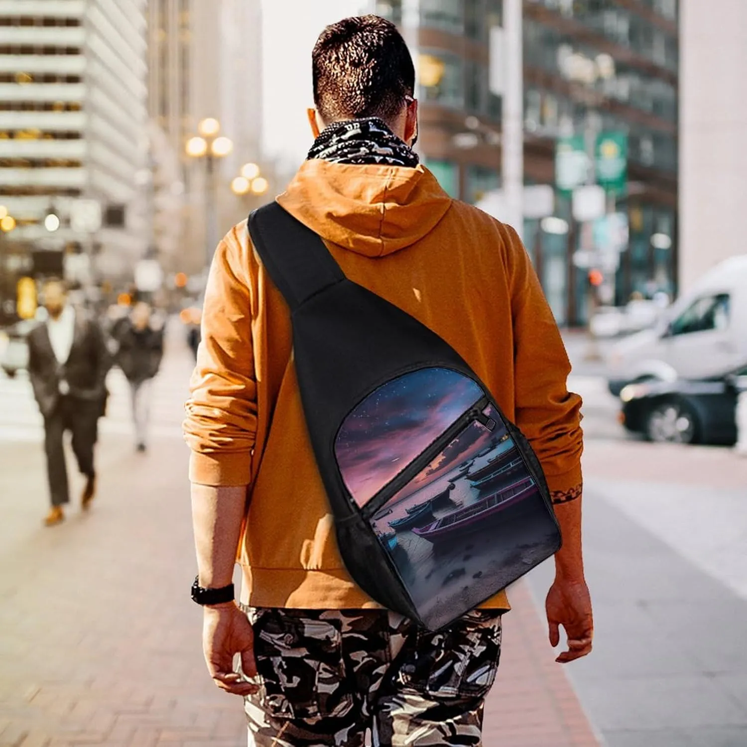 Sling Bag for Women Men Crossbody Bag Chest Bag Boats on Beach Sling Backpack Fanny Packs Travel Hiking Daypack