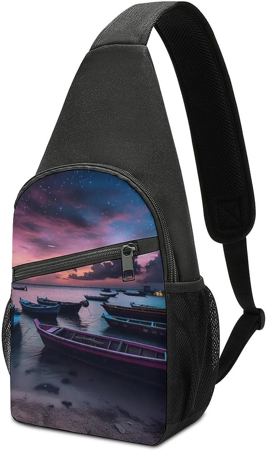 Sling Bag for Women Men Crossbody Bag Chest Bag Boats on Beach Sling Backpack Fanny Packs Travel Hiking Daypack