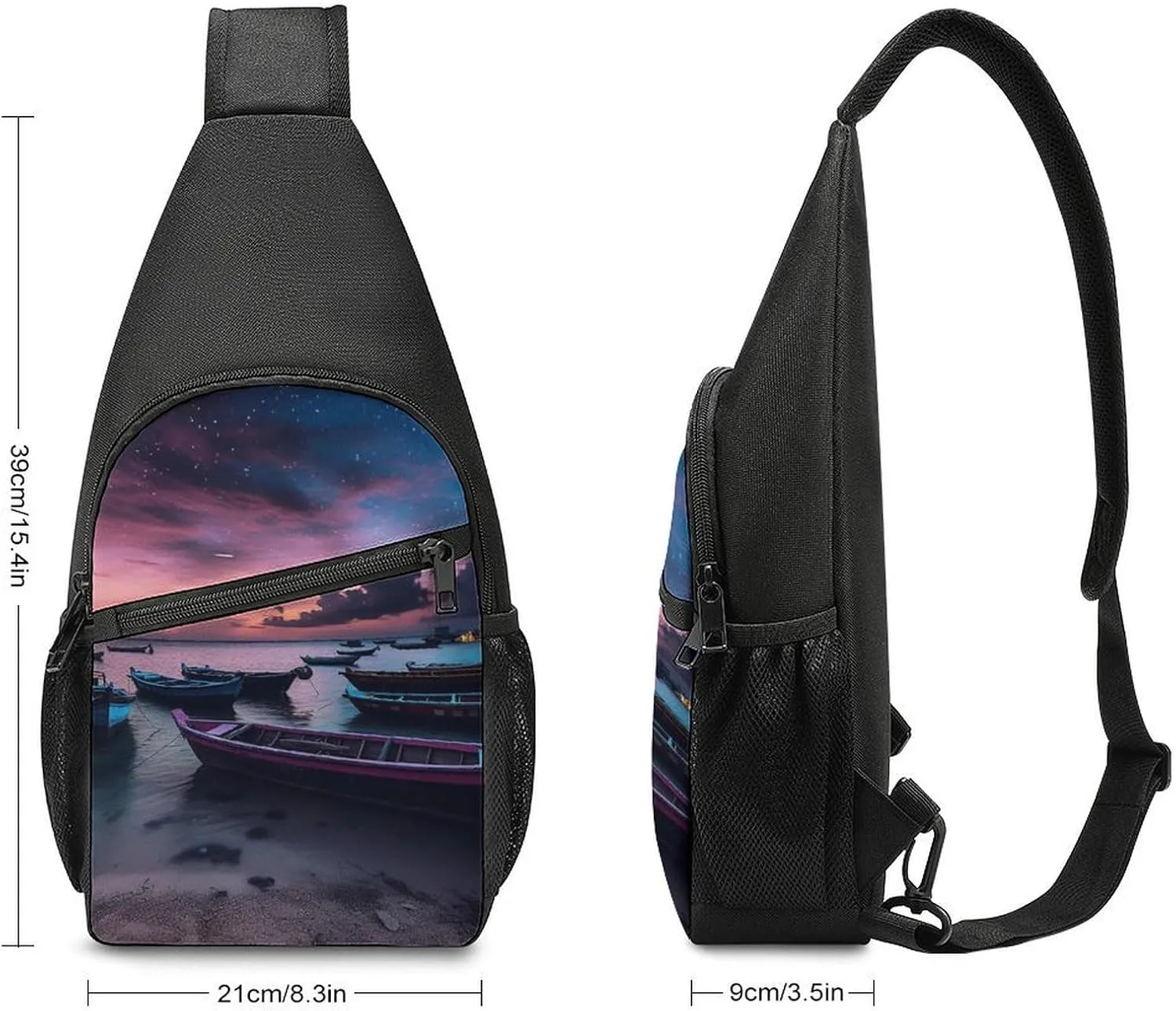 Sling Bag for Women Men Crossbody Bag Chest Bag Boats on Beach Sling Backpack Fanny Packs Travel Hiking Daypack