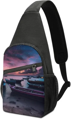 Sling Bag for Women Men Crossbody Bag Chest Bag Boats on Beach Sling Backpack Fanny Packs Travel Hiking Daypack