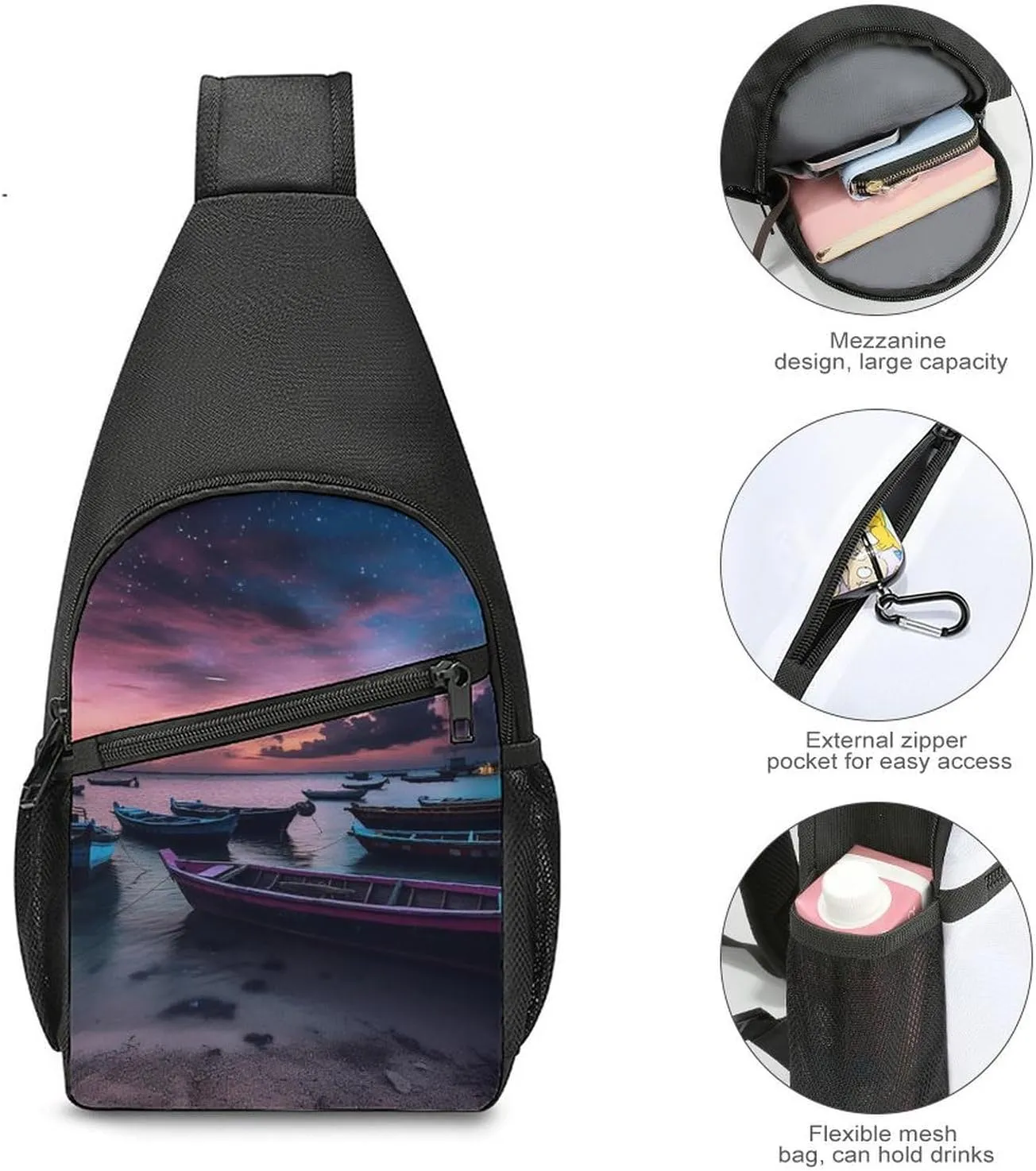 Sling Bag for Women Men Crossbody Bag Chest Bag Boats on Beach Sling Backpack Fanny Packs Travel Hiking Daypack
