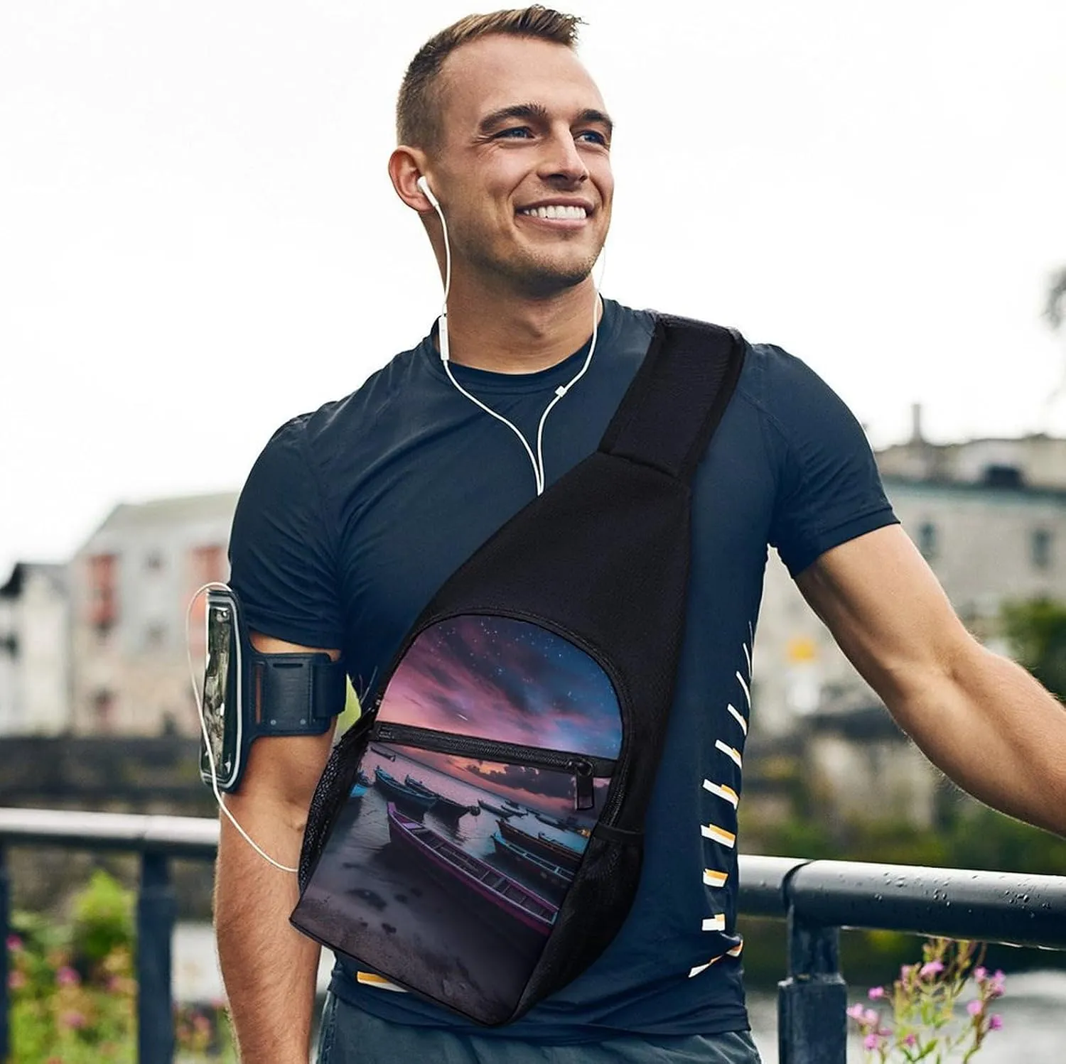 Sling Bag for Women Men Crossbody Bag Chest Bag Boats on Beach Sling Backpack Fanny Packs Travel Hiking Daypack