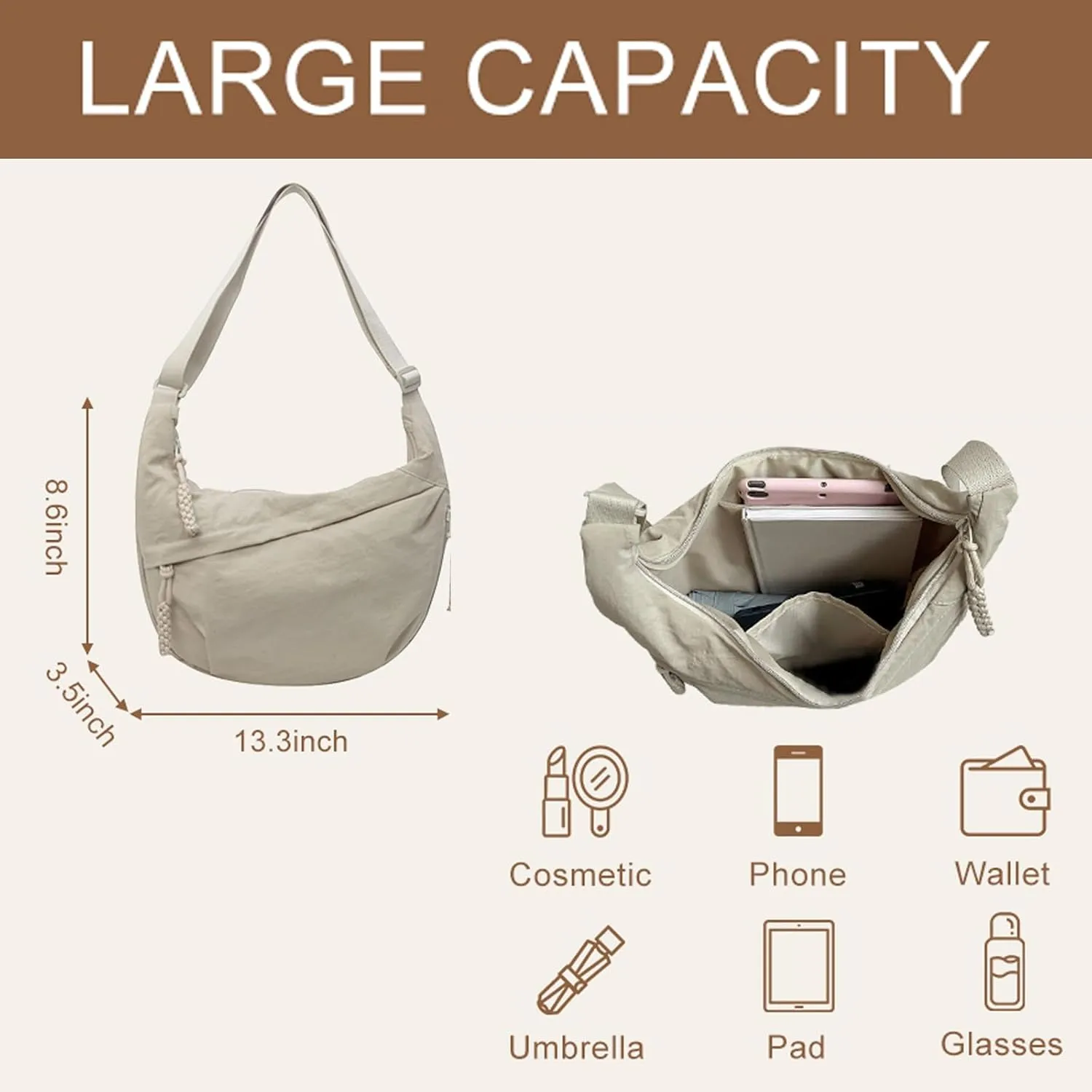 Slouchy Dumpling Bag，Nylon Crossbody Bags ，Crescent Bag for Women Men，Crossbody Bag ，Hobo Bag for Women Men