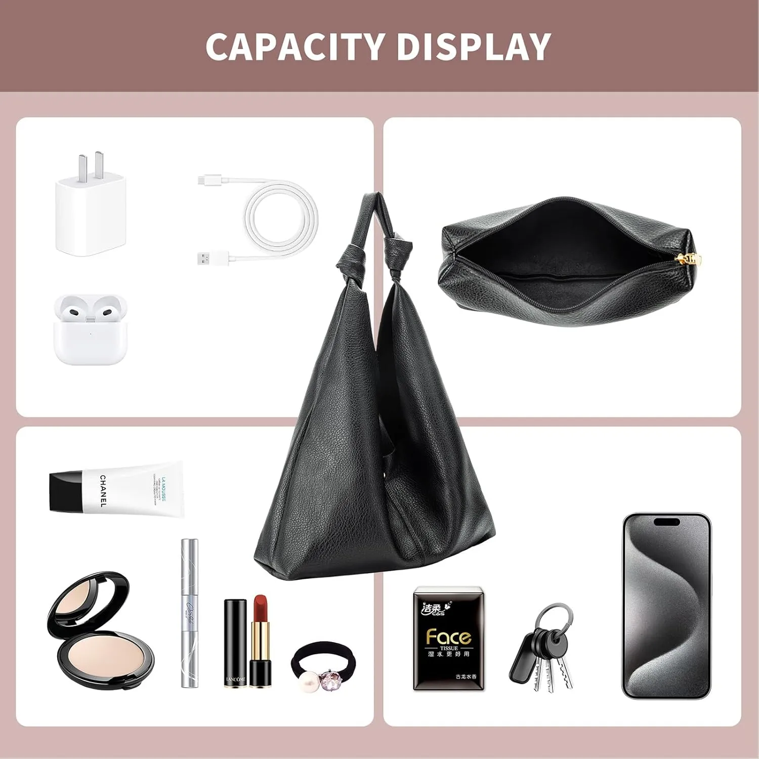 Slouchy Hobo Bag for Women Vegan Leather Shoulder Bag Knotted Hobo Purse Ladies Top Handle Handbag, with Small Purse