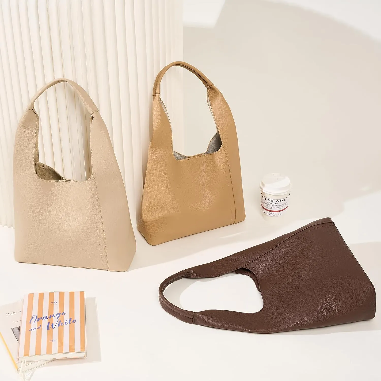 Slouchy Hobo Bags for Women, Shoulder Handbag Purse 2pcs Soft Tote Work Bag PU Leather Top Handle Bag