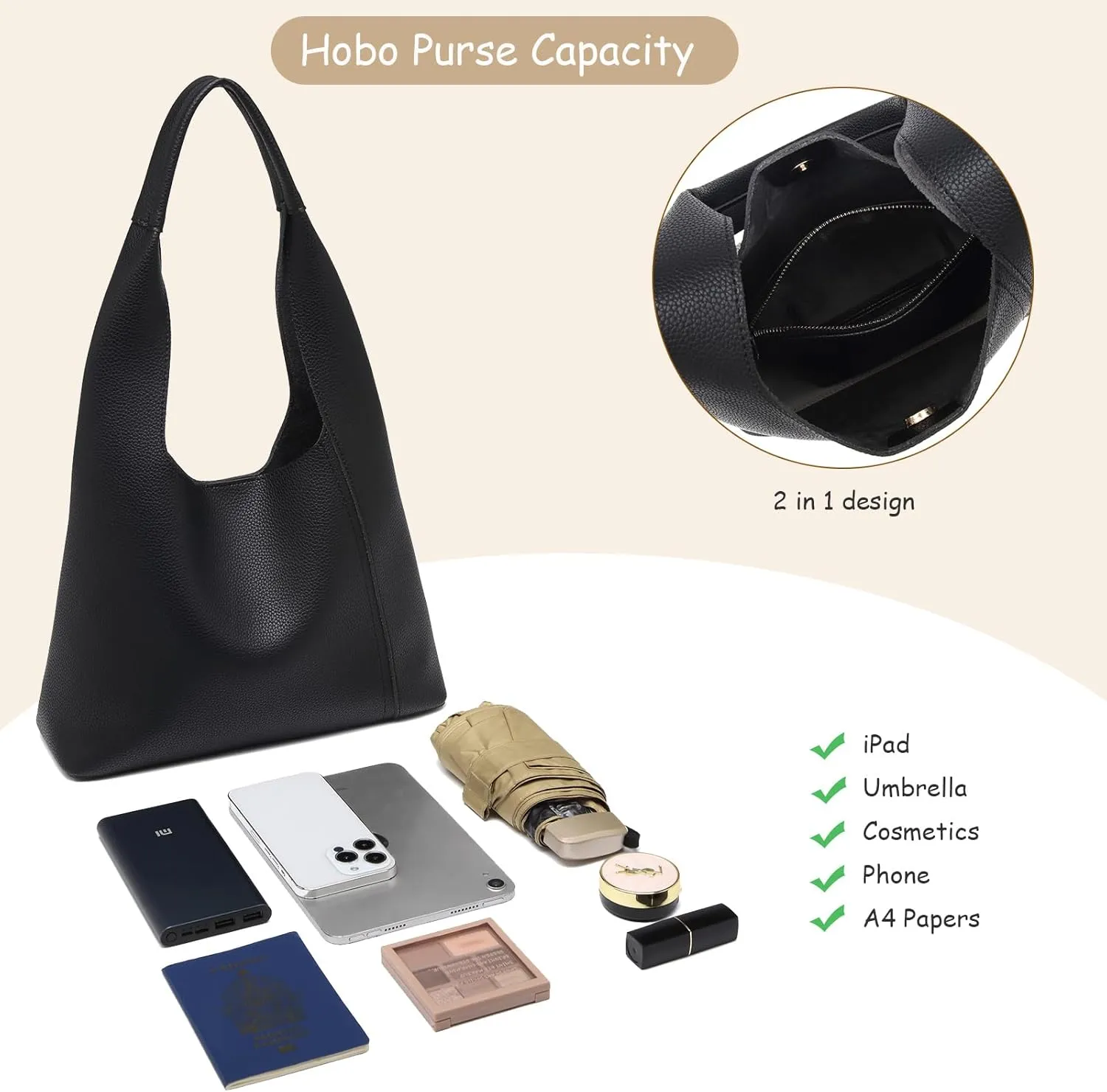 Slouchy Hobo Bags for Women, Shoulder Handbag Purse 2pcs Soft Tote Work Bag PU Leather Top Handle Bag
