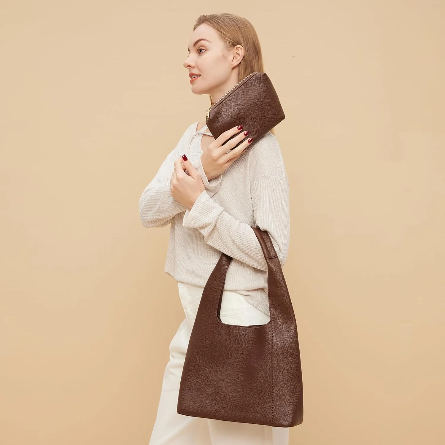 Slouchy Hobo Bags for Women, Shoulder Handbag Purse 2pcs Soft Tote Work Bag PU Leather Top Handle Bag