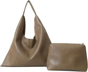 Slouchy Hobo Bags for Women Tote Bag Retro PU Leather Crossbody Purse Soft Shoulder Purses 2pcs Work College Handbags