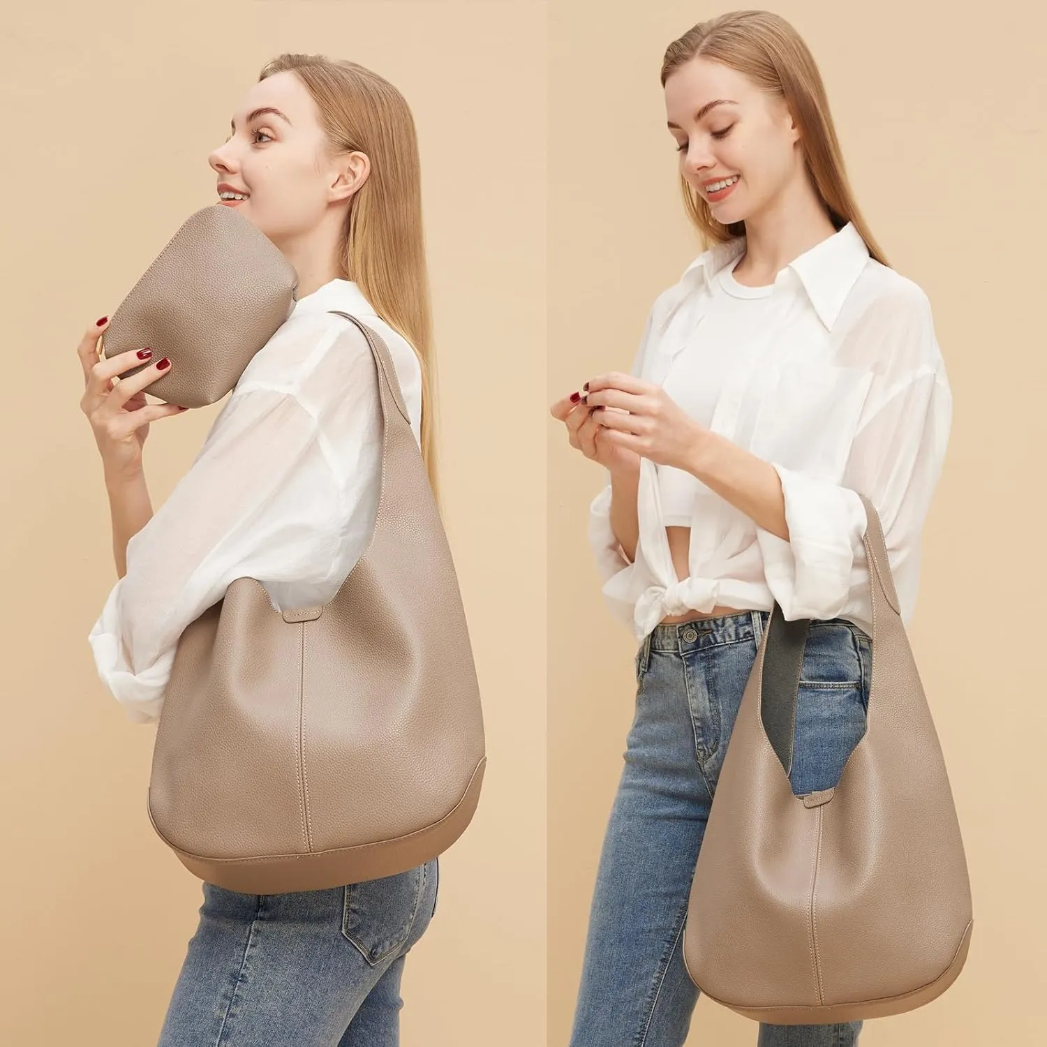 Slouchy Hobo Bags for Women Tote Bag Soft Vegan Leather Shoulder Purses 2 Pcs