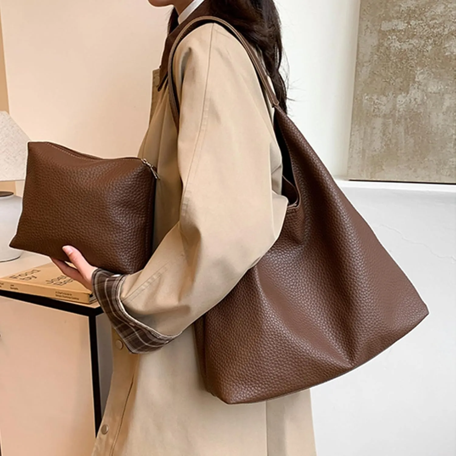 Slouchy Hobo Bags for Women Tote Bag,Retro PU Leather Crossbody Bag,Soft Shoulder Purses Handbags Large Capacity 2pcs