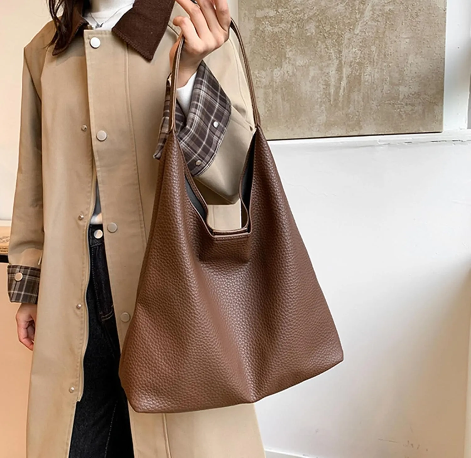 Slouchy Hobo Bags for Women Tote Bag,Retro PU Leather Crossbody Bag,Soft Shoulder Purses Handbags Large Capacity 2pcs