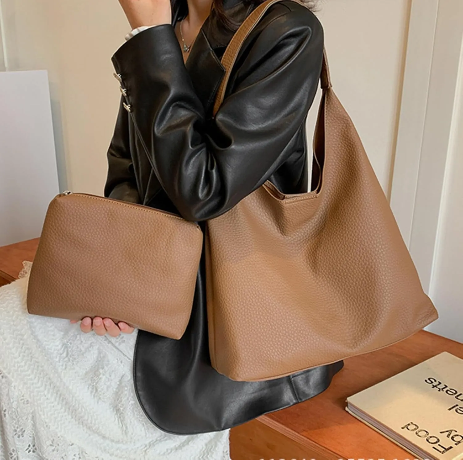 Slouchy Hobo Bags for Women Tote Bag,Retro PU Leather Crossbody Bag,Soft Shoulder Purses Handbags Large Capacity 2pcs