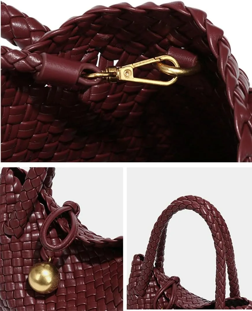 Slouchy PU Leather Woven Hobo Bags Women Trendy Crossbody Crescent Shoulder Purse Beach Satchel Top Handle Tote Handbag